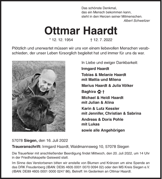 Traueranzeige von Ottmar Haardt von Siegener Zeitung