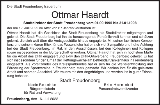 Traueranzeige von Ottmar Haardt von Siegener Zeitung