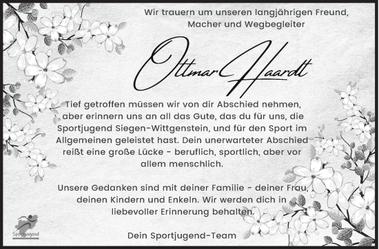 Traueranzeige von Ottmar Haardt von Siegener Zeitung