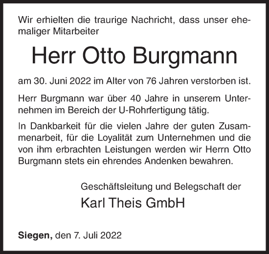 Traueranzeige von Otto Burgmann von Siegener Zeitung