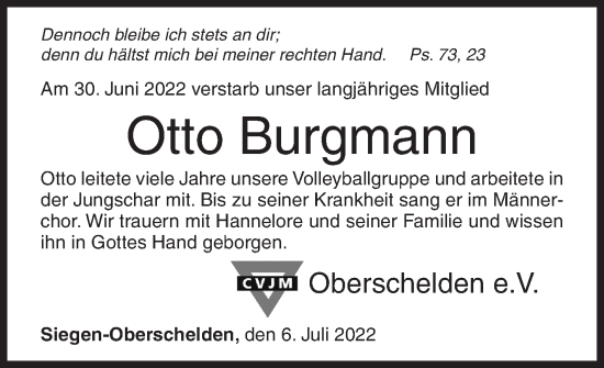 Traueranzeige von Otto Burgmann von Siegener Zeitung