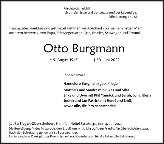 Traueranzeige von Otto Burgmann von Siegener Zeitung