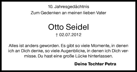 Traueranzeige von Otto Seidel von Siegener Zeitung
