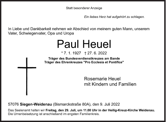 Traueranzeige von Paul Heuel von Siegener Zeitung