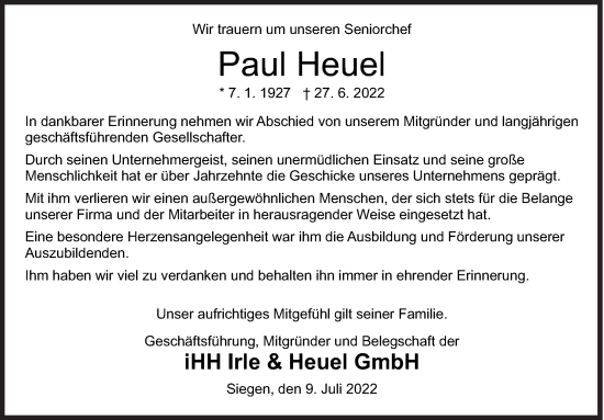 Traueranzeige von Paul Heuel von Siegener Zeitung