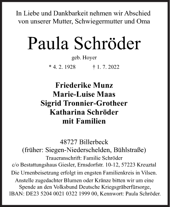 Traueranzeige von Paula Schröder von Siegener Zeitung