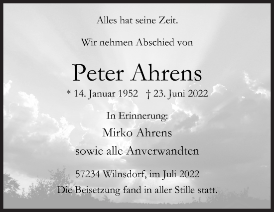 Traueranzeige von Peter Ahrens von Siegener Zeitung