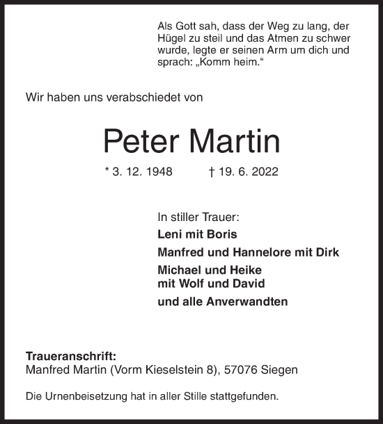 Traueranzeige von Peter Martin von Siegener Zeitung