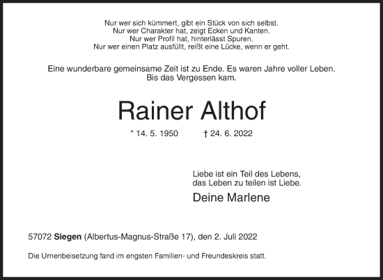 Traueranzeige von Rainer Althof von Siegener Zeitung