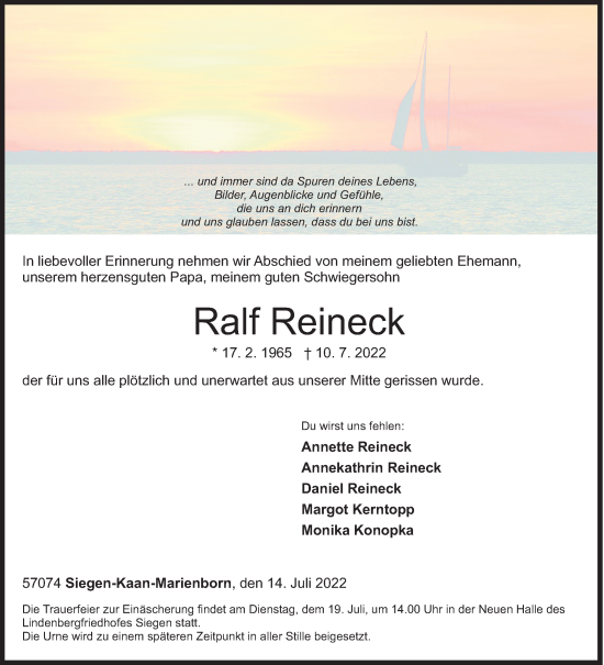 Traueranzeige von Ralf Reineck von Siegener Zeitung