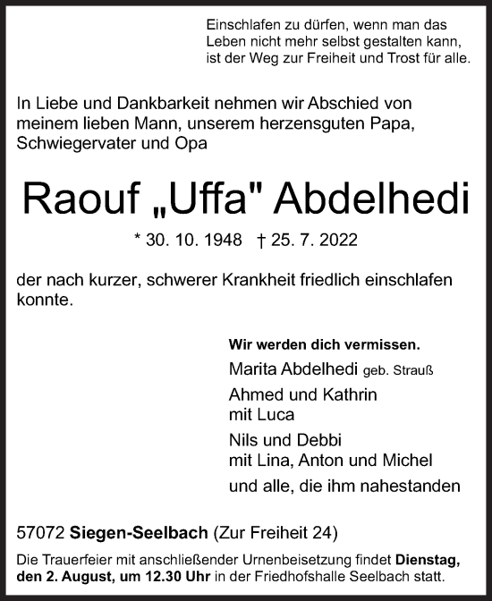 Traueranzeige von Raouf Abdelhedi von Siegener Zeitung