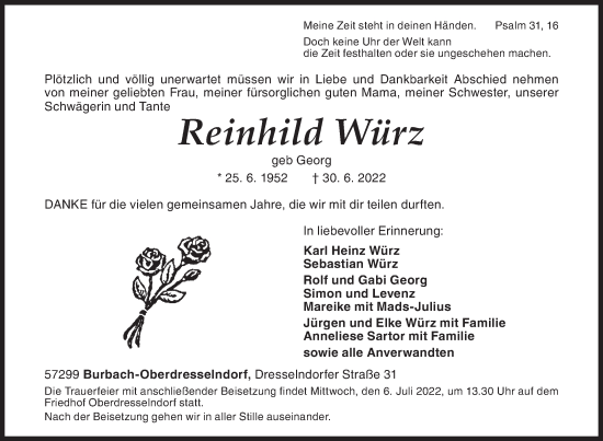 Traueranzeige von Reinhild Würz von Siegener Zeitung