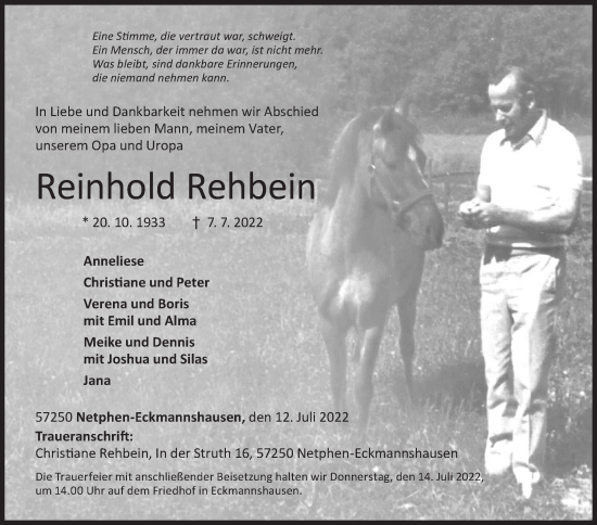 Traueranzeige von Reinhold Rehbein von Siegener Zeitung