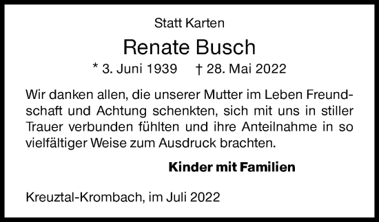 Traueranzeige von Renate Busch von Siegener Zeitung