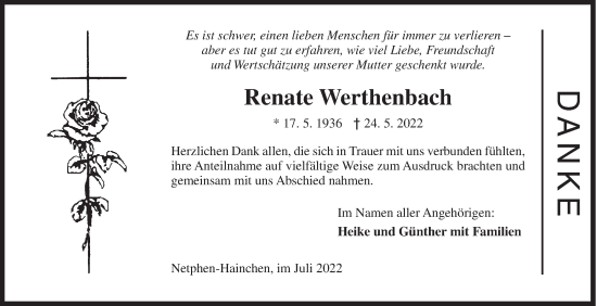 Traueranzeige von Renate Werthenbach von Siegener Zeitung