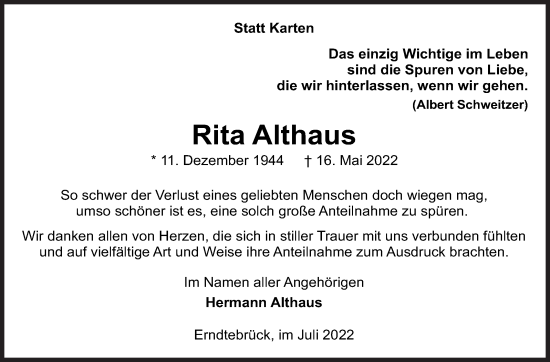 Traueranzeige von Rita Althaus von Siegener Zeitung