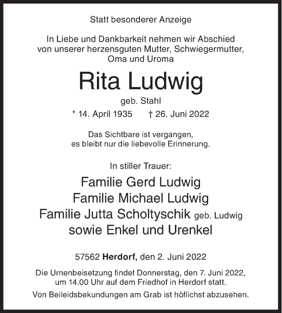 Traueranzeige von Rita Ludwig von Siegener Zeitung