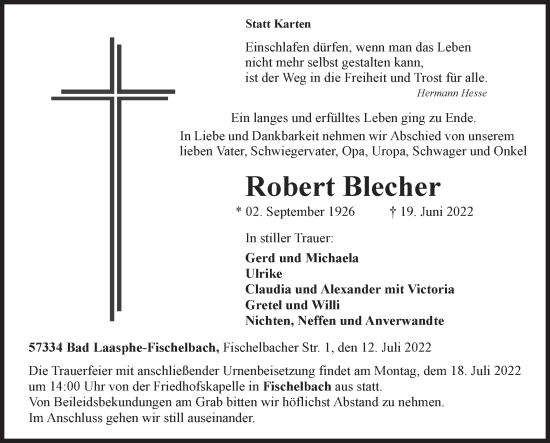 Traueranzeige von Robert Blecher von Siegener Zeitung