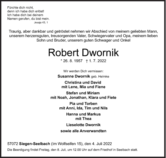 Traueranzeige von Robert Dwornik von Siegener Zeitung