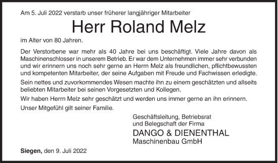 Traueranzeige von Roland Melz von Siegener Zeitung