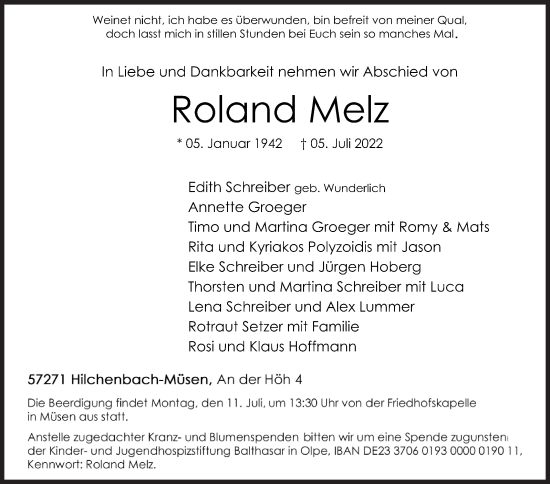 Traueranzeige von Roland Melz von Siegener Zeitung