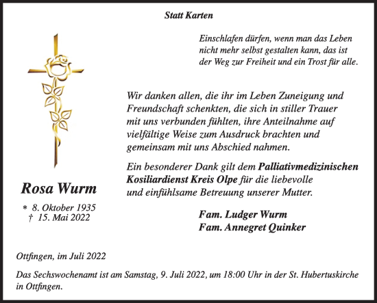 Traueranzeige von Rosa Wurm von Siegener Zeitung