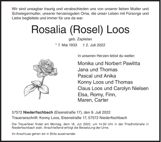 Traueranzeige von Rosalia Loos von Siegener Zeitung