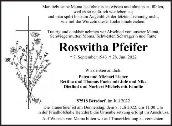 Traueranzeige von Roswitha Pfeifer von Siegener Zeitung