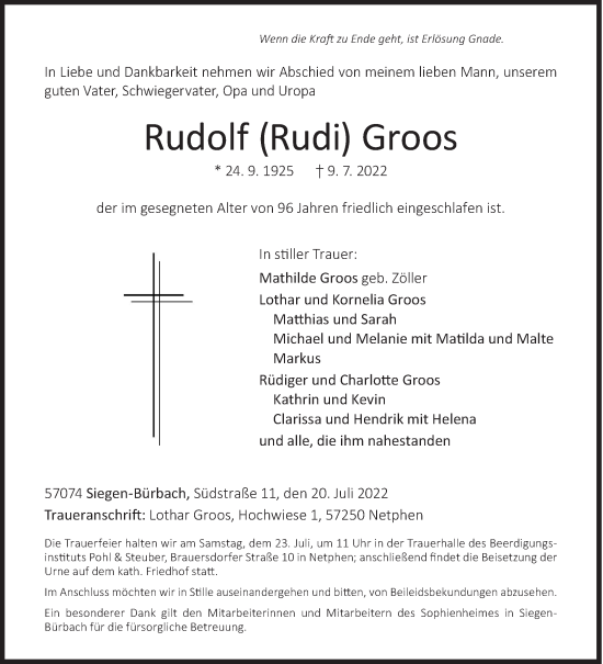 Traueranzeige von Rudolf Groos von Siegener Zeitung