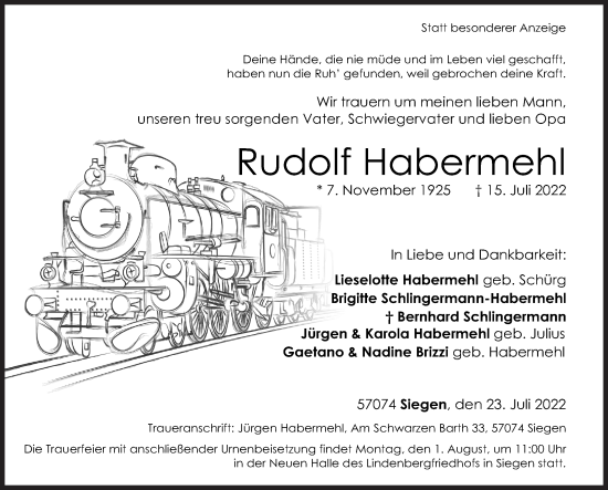 Traueranzeige von Rudolf Habermehl von Siegener Zeitung