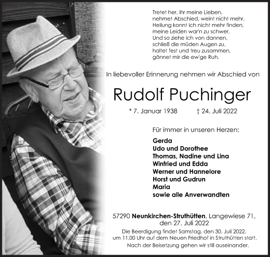 Traueranzeige von Rudolf Puchinger von Siegener Zeitung