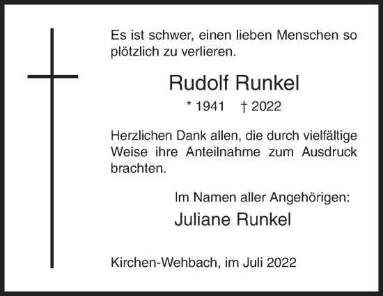 Traueranzeige von Rudolf Runkel von Siegener Zeitung