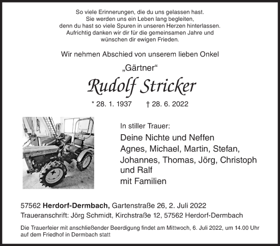Traueranzeige von Rudolf Stricker von Siegener Zeitung