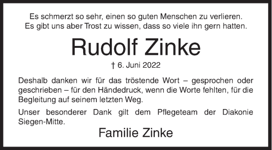 Traueranzeige von Rudolf Zinke von Siegener Zeitung