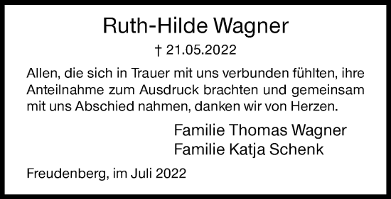 Traueranzeige von Ruth-Hilde Wagner von Siegener Zeitung