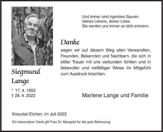 Traueranzeige von Siegmund Lange von Siegener Zeitung