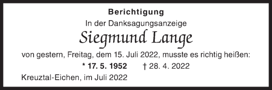 Traueranzeige von Siegmund Lange von Siegener Zeitung