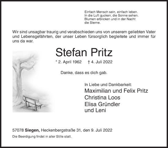 Traueranzeige von Stefan Pritz von Siegener Zeitung