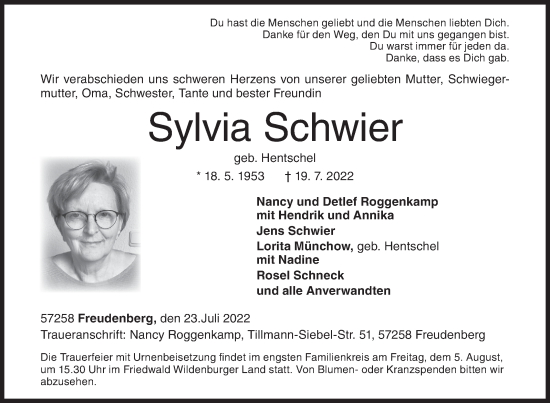 Traueranzeige von Sylvia Schwier von Siegener Zeitung