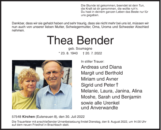 Traueranzeige von Thea Bender von Siegener Zeitung