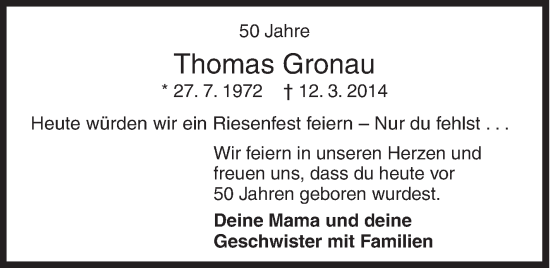 Traueranzeige von Thomas Gronau von Siegener Zeitung