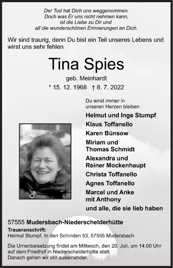 Traueranzeige von Tina Spies von Siegener Zeitung