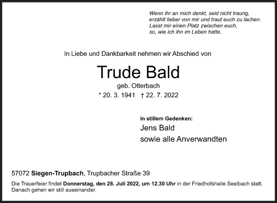 Traueranzeige von Trude Bald von Siegener Zeitung