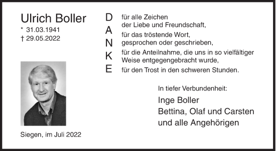 Traueranzeige von Ulrich Boller von Siegener Zeitung