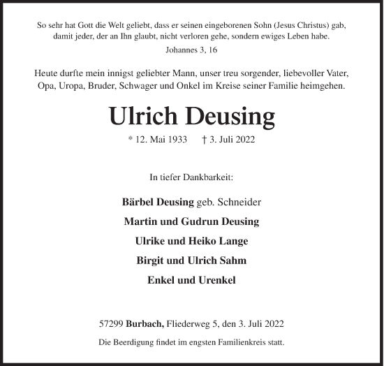 Traueranzeige von Ulrich Deusing von Siegener Zeitung