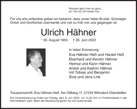 Traueranzeige von Ulrich Hähner von Siegener Zeitung
