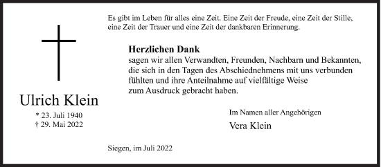 Traueranzeige von Ulrich Klein von Siegener Zeitung