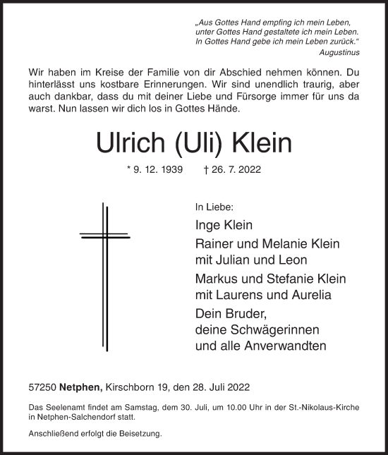 Traueranzeige von Ulrich  Klein von Siegener Zeitung