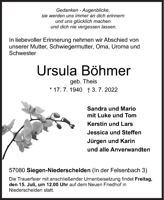 Traueranzeige von Ursula Böhmer von Siegener Zeitung