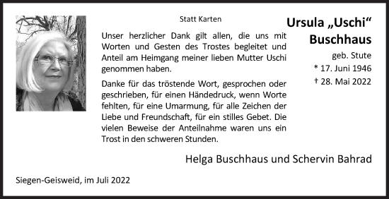 Traueranzeige von Ursula Buschhaus von Siegener Zeitung
